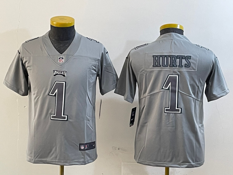 Youth 2025 Philadelphia Eagles #1 Hurts grey Nike NFL jersey style 23d->youth nfl jersey->Youth Jersey